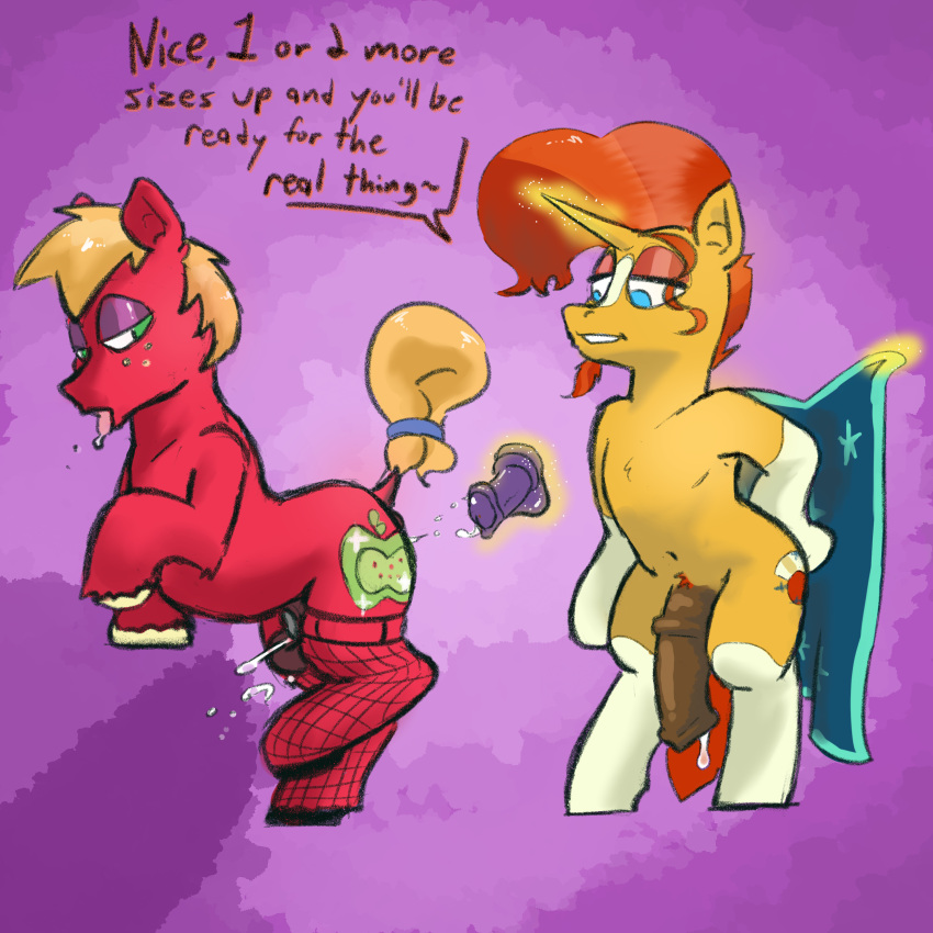 2boys absurd_res animal_dildo animal_genitalia animal_penis animal_sex_toy balls big_macintosh_(mlp) blue_eyes bodily_fluids cape chastity_cage chastity_device chest_tuft clothed clothing crossdressing cum cumshot cutie_mark digital_media_(artwork) dildo dock duo earth_pony ejaculation equid equine equine_dildo equine_genitalia equine_penis eyeshadow feral fishnet fishnet_legwear freckles friendship_is_magic fumalunga fur gay genital_fluids genitals glowing glowing_horn green_eyes hasbro hi_res hooves horn horse legwear magic makeup male male/male male_only mammal my_little_pony my_little_pony_friendship_is_magic navel orange_body orange_fur penis pony pubes purple_eyeshadow raised_tail red_body red_fur saliva semi-anthro sex_toy standing sunburst_(mlp) tail telekinesis tongue tongue_out tuft unicorn yaoi