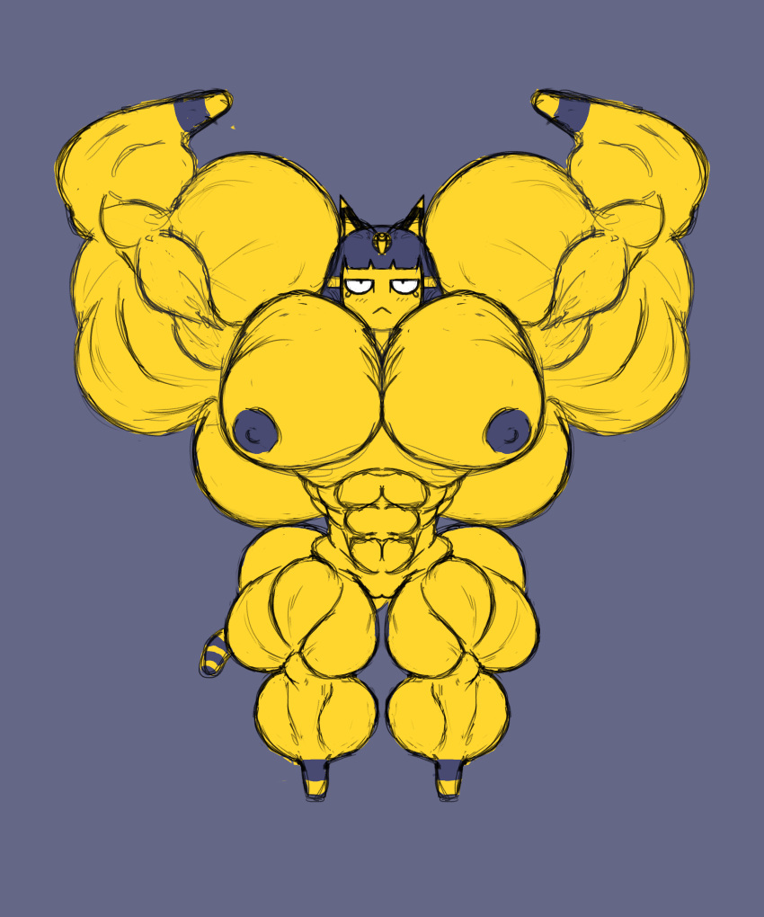 1girls animal_crossing ankha ankha_(animal_crossing) anthro bicep_curl big_muscles blush extreme_muscles feline female flexing flexing_bicep furry gorossy_(artist) huge_ass huge_muscles huge_nipples huge_pecs hyper_muscles looking_at_viewer muscular muscular_arms muscular_ass muscular_female muscular_thighs neutral_expression nude practically_nude small_waist tail thick_thighs wide_hips wraps yellow_fur