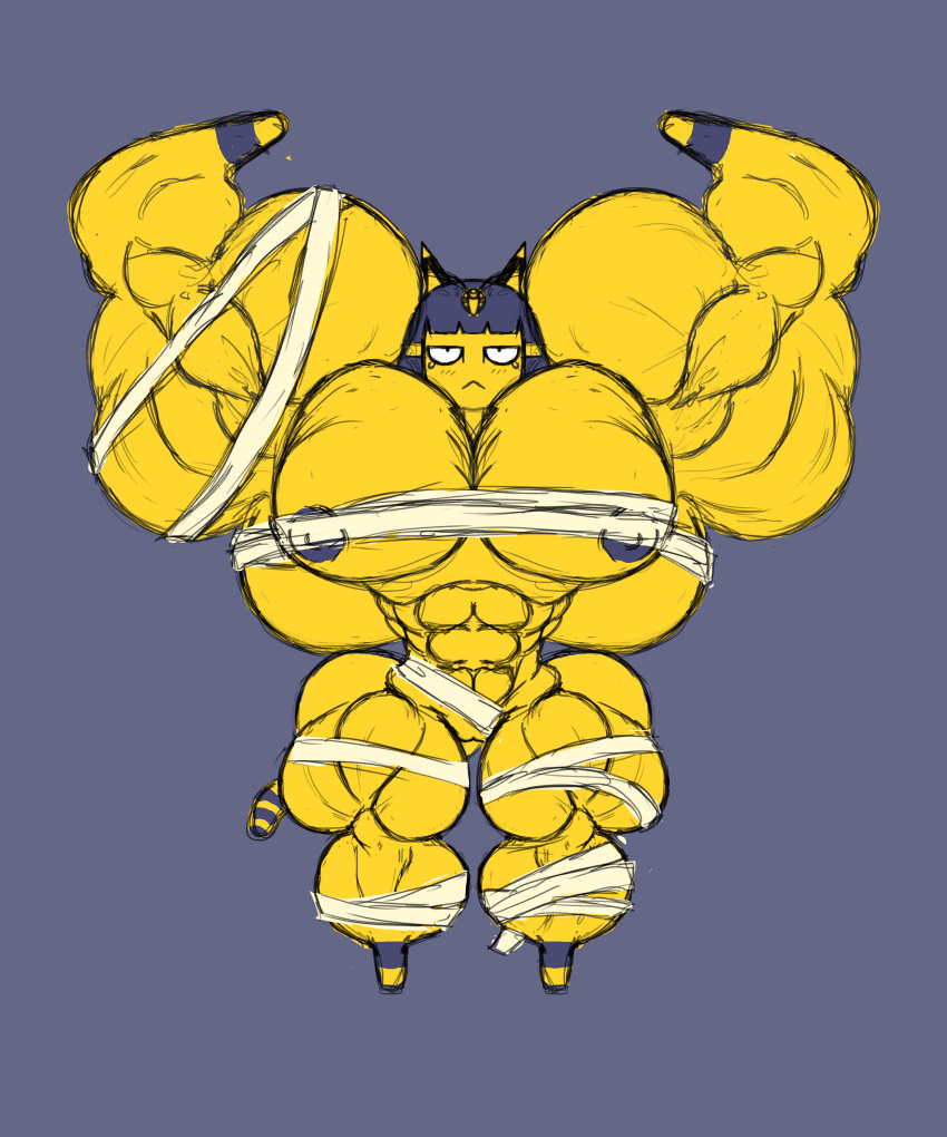 1girls animal_crossing ankha ankha_(animal_crossing) anthro bicep_curl big_muscles blush extreme_muscles feline female flat_chest flexing flexing_bicep furry gorossy_(artist) huge_ass huge_muscles huge_nipples huge_pecs hyper_muscles looking_at_viewer muscular muscular_arms muscular_ass muscular_female muscular_thighs neutral_expression nude practically_nude small_waist tail thick_thighs wide_hips wraps yellow_fur