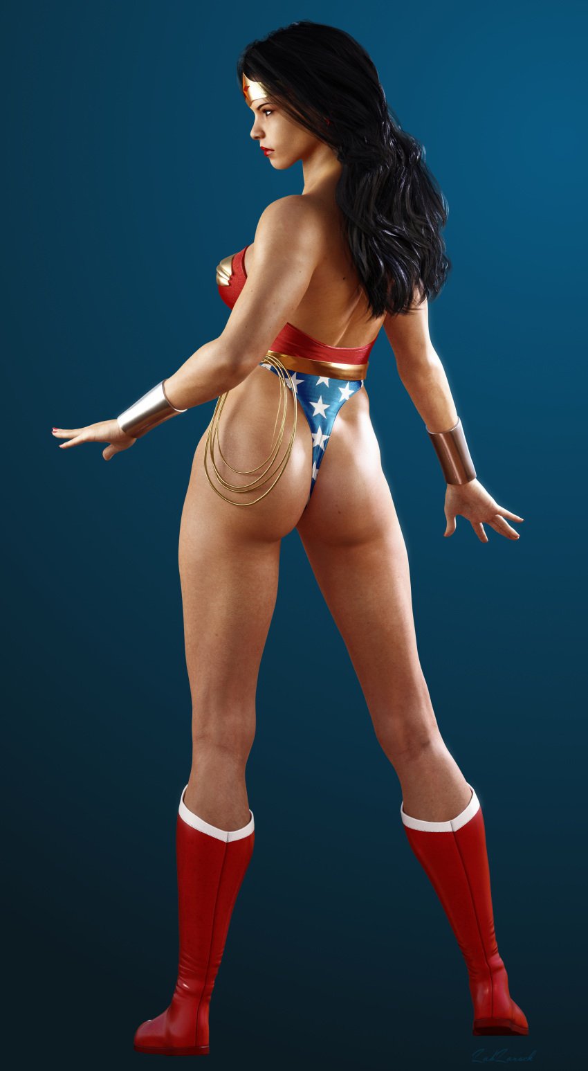 1girls 3d ass black_hair boots bracers dark_hair dc dc_comics female female_only lasso lasso_of_truth leotard long_hair red_boots solo stars superheroine thong thong_leotard tiara wonder_woman wonder_woman_(series) zabzarock