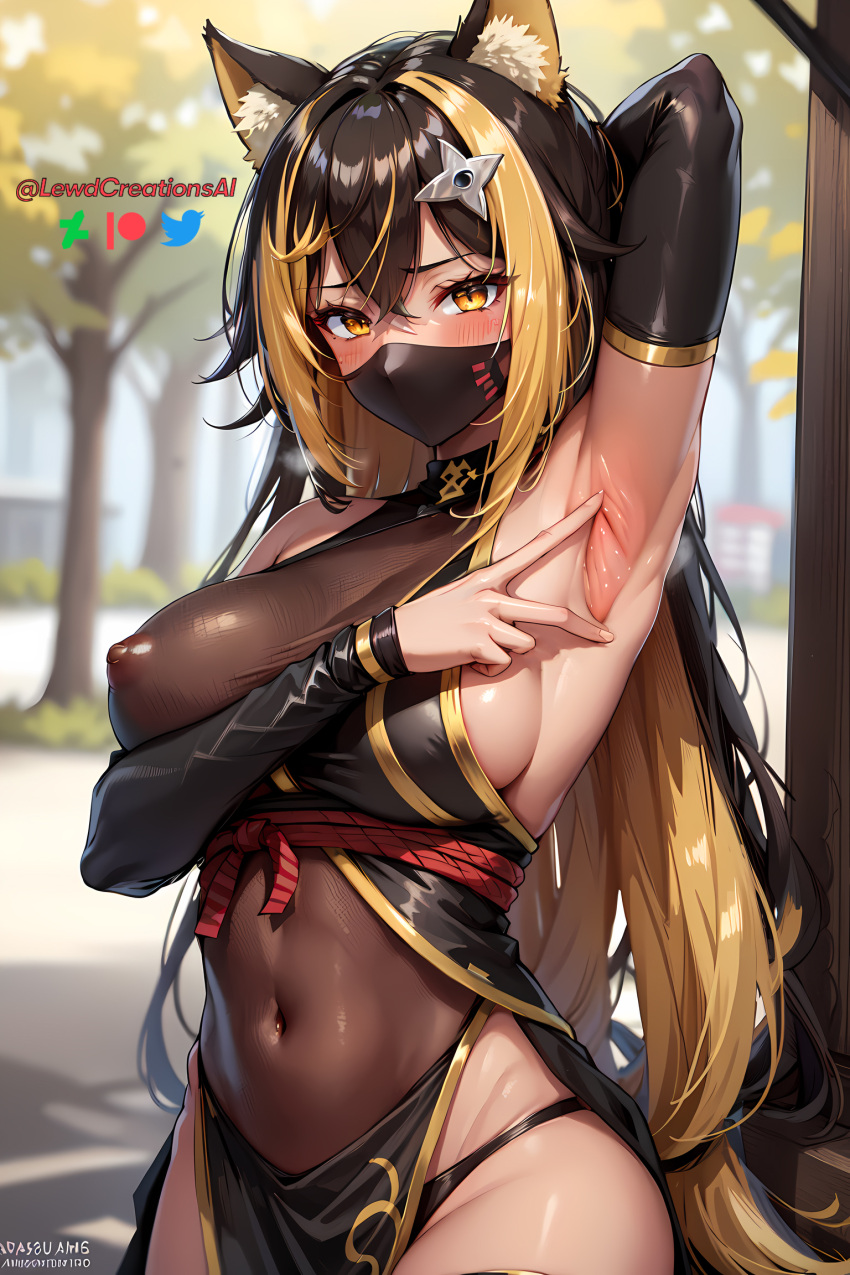 absurd_res ai_generated armpit armpit_fetish armpits bikini blonde_hair blush cat_ears cat_tail catgirl choker cleavage dark-skinned_female dark_hair dark_skin facemask huge_breasts indie_virtual_youtuber lewdcreationsai looking_at_viewer neko nekoyo_chloe ninja nipple_bulge nipple_slip nipples nipples_visible_through_clothing selfie spreading spreading_armpit virtual_youtuber