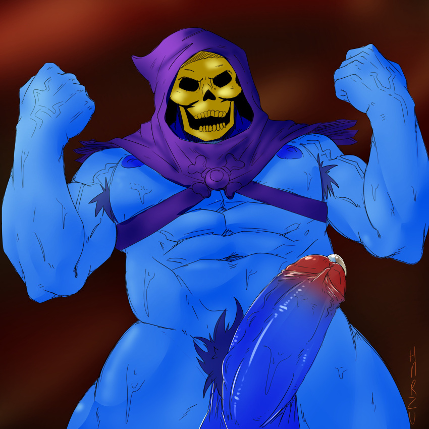 armpit_hair balls big_balls big_penis blue_body blue_skin boner erection harzu hood male male_only masters_of_the_universe nude penis skeletor skull skull_head solo solo_male sweat sweating