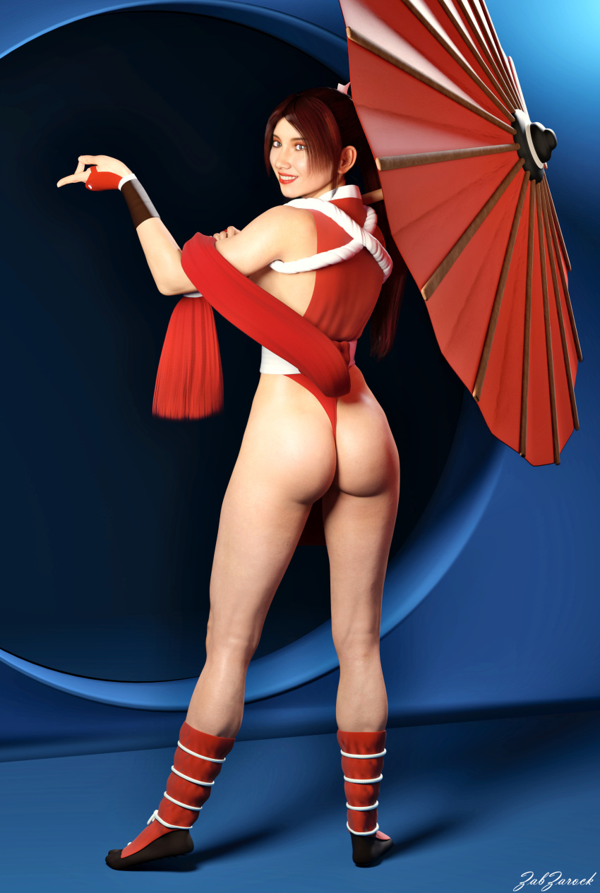 3d 3d_(artwork) ass female loincloth loincloth_lift mai_shiranui red_footwear red_umbrella thong umbrella zabzarock