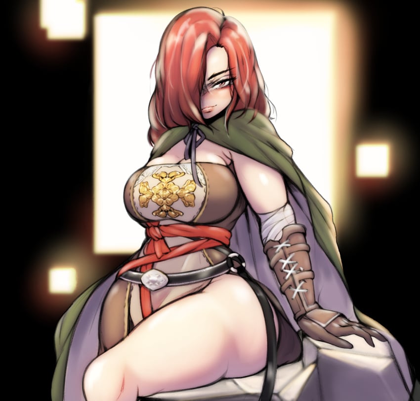 big_breasts cleavage cloak dark_souls dark_souls_2 emerald_herald female female_only fromsoftware fully_clothed gloves hair_over_one_eye looking_at_viewer orange_hair side_slit smile solo thick_thighs wide_hips zetlaff