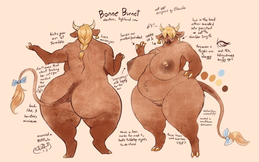 accessory anthro ass big_breasts big_butt blonde_hair bonne_burnet bovid bovine bow_ribbon breasts brown_body brown_fur cattle cloven_hooves cowbell female fur furgonomics genitals goolee hair hooves horn huge_breasts huge_butt huge_thighs mammal mature_female model_sheet nipples nude overweight overweight_anthro overweight_female pussy ribbons solo tail tail_accessory tail_bow tail_ribbon tail_tuft thick_thighs tuft