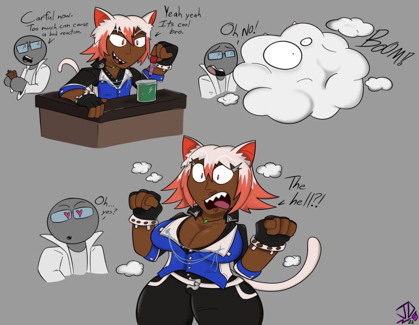 ahju ass_expansion big_ass big_breasts breast_expansion busty_boy cat_ears cat_girl cat_tail dark_skin feminization hip_expansion male male_to_futa male_with_breasts plump_lips red_eyes surprised_expression thick_thighs thigh_expansion transformation virus_lewds white_hair wide_hips