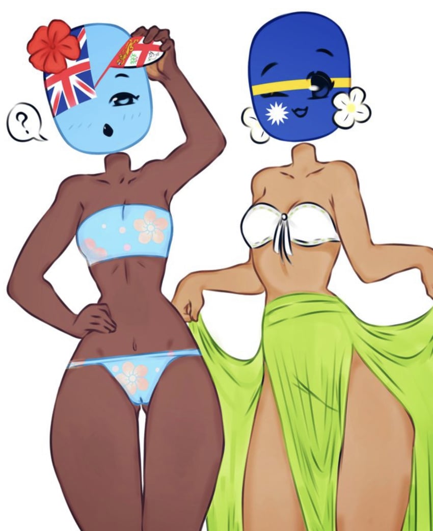 2girls bikini bikini_top countryhumans countryhumans_girl dark_skin dress_lift eyepatch_lift fiji_(countryhumans) flat_chest flawsy flowers nauru_(countryhumans) one_eye_closed one_eye_obstructed open_mouth repost small_breasts tan_skin winking_at_viewer