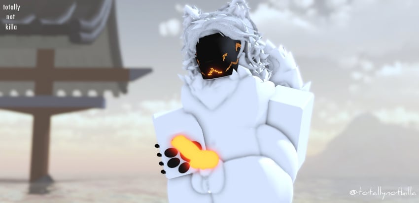 3d anthro ass balls bent_over big_butt fluffy fluffy_tail genitals glowing glowing_genitalia glowing_penis hair hand_on_butt hand_on_penis hi_res knot machine male male_only nude orange_penis penis protogen protogen_visor roblox robloxian solo tail thick_thighs totallynotkilla white_body white_hair