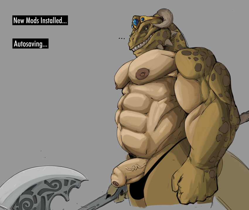 abs absurd_res anthro argonian axe balls belly bethesda_softworks clothing crown digital_media_(artwork) erection g-string genitals headgear hi_res horn humanoid_genitalia male musclegut muscular muscular_anthro muscular_male nipples overweight overweight_male pecs penis reptile scales scalie simple_background skyrim solo solo_anthro solo_male tail the_elder_scrolls trailmixtrail tyberus_(trailmixtrail) underwear weapon