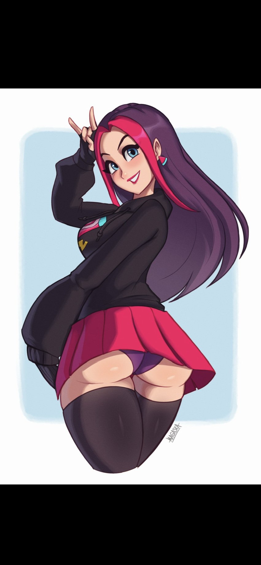 5_fingers ass black_hoodie black_legwear blue_eyes butt epic_games fortnite fortnite:_battle_royale long_hair magaska19 pink_hair purple_hair purple_panties red_lipstick red_skirt ricochet_rox_(fortnite) rox_(fortnite) skirt thick_ass thick_thighs thigh_highs thighhighs thighs