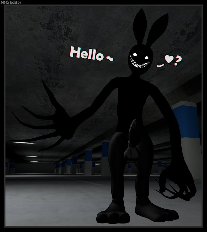 3d_(artwork) anthro backrooms_creature balls black_body black_border border claws creepy digital_media_(artwork) english_text genitals glowing glowing_eyes hi_res humanoid lagomorph leporid long_arms looking_at_viewer male male_only mammal monster nsg_editor nude penis question_mark rabbit smile smiler_(the_backrooms) smiling_at_viewer solo source_filmmaker teeth text the_backrooms