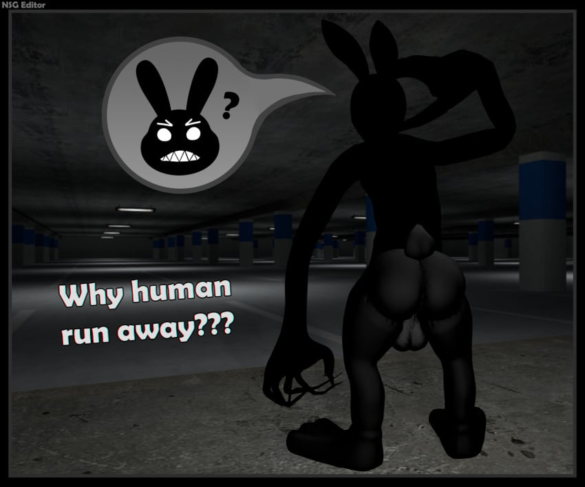 2d_(artwork) 3d_(artwork) anthro ass backrooms_creature balls black_body black_border border claws creepy digital_media_(artwork) english_text genitals glowing glowing_eyes hi_res humanoid lagomorph leporid long_arms male male_only mammal monster nsg_editor nude question_mark rabbit smiler_(the_backrooms) solo source_filmmaker tail teeth text the_backrooms