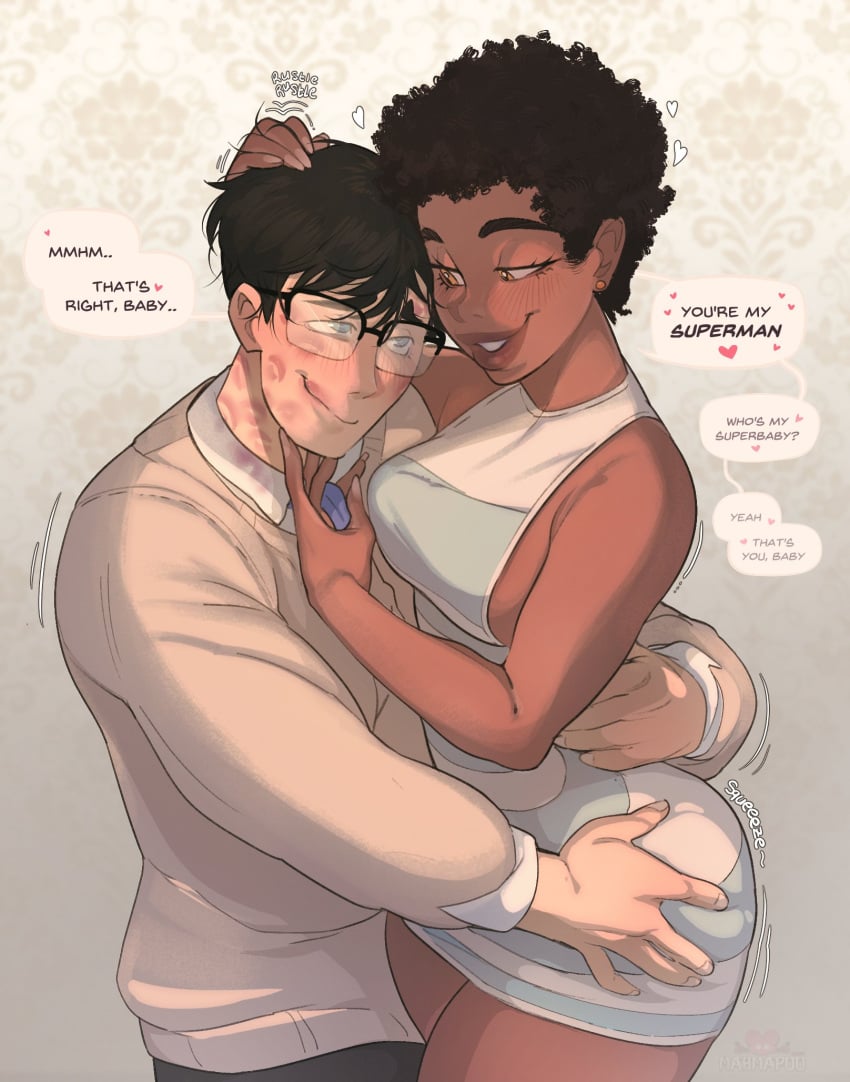 1boy 1girls 2023 alternate_skin_color ass ass_grab assertive assertive_female big_ass blackwashed claiming clark_kent clark_kent_(my_adventures_with_superman) couple cuddling dark-skinned_female dark_skin dc dc_comics dialogue female femdom gentle_femdom kiss_mark kryptonian light-skinned_female light-skinned_male light_skin lipstick_mark lois_lane lois_lane_(my_adventures_with_superman) lots_of_lipstick_marks mahmapuu male malesub my_adventures_with_superman pampering praise race_swap romantic sideboob speech_bubble submissive submissive_male superman superman_(series) wholesome wide_hips