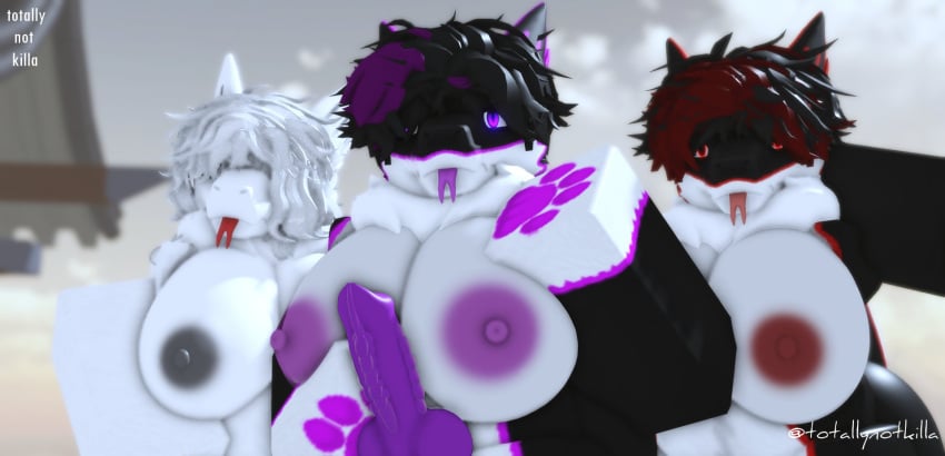 3d anthro areola black_body black_fur blep breasts dragon erection female female/female forked_tongue fur furry futa genitals grey_areola group gynomorph hair hand_on_breast hi_res intersex intersex/female looking_at_viewer nipples penis purple_areola purple_penis red_areola red_hair roblox robloxian tongue tongue_out totallynotkilla trio white_body