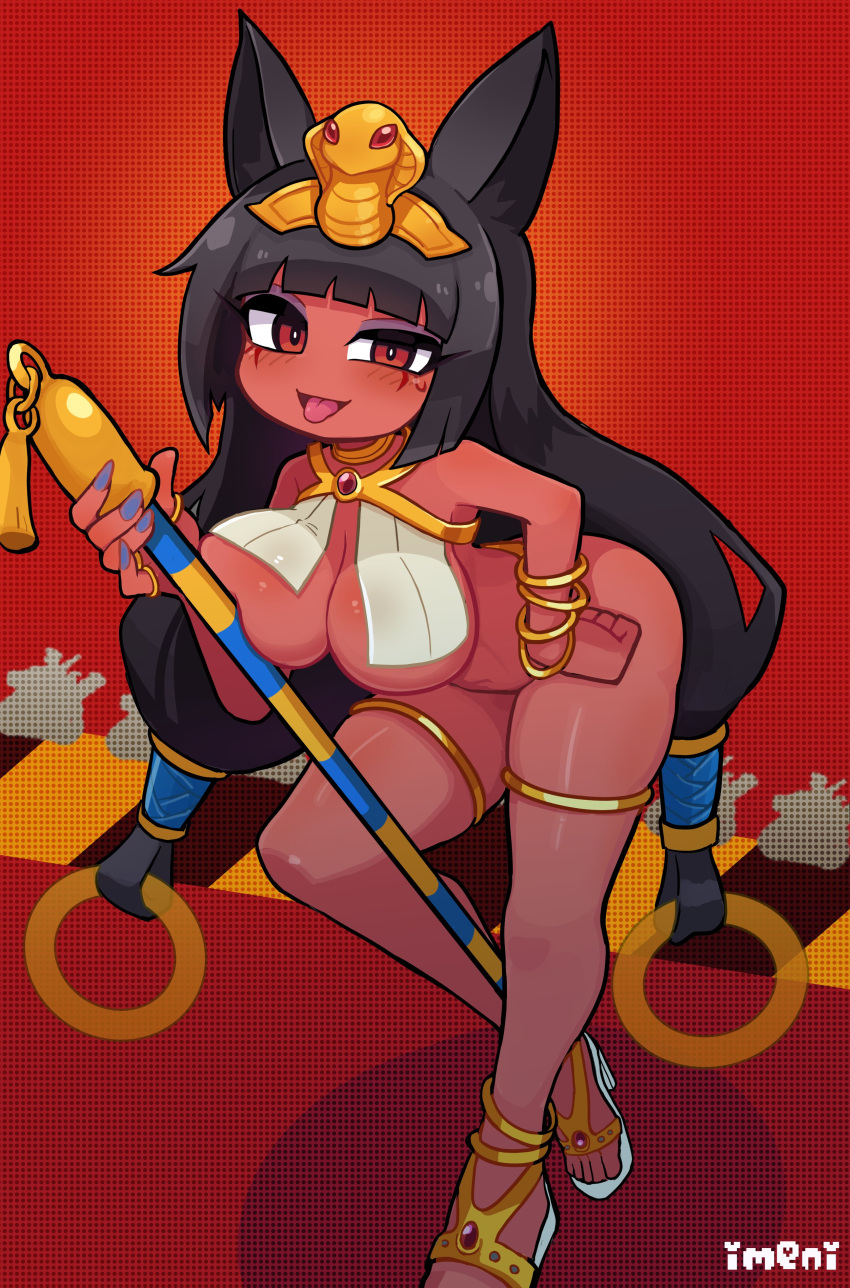 animal_ears bangs big_breasts black_hair blunt_bangs covered_nipples egyptian functionally_nude functionally_nude_female jimafy large_breasts pose posing red_eyes sandals staff tongue tongue_out