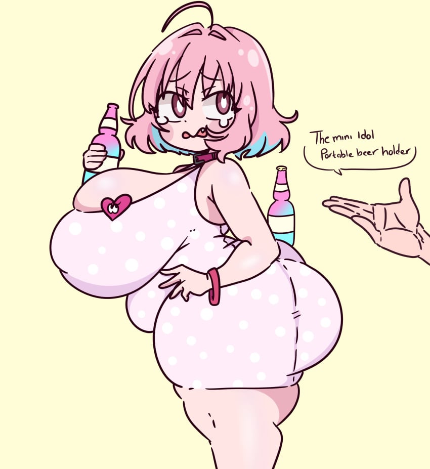 1boy 1girls ahoge beer big_ass big_breasts big_butt blue_eyes blush chubby english_text huge_ass huge_breasts idolmaster idolmaster_cinderella_girls implied_ass_cleavage inakotho looking_back multicolored_hair oerba_yun_fang pink_hair shortstack side_view text thick_thighs yumemi_riamu