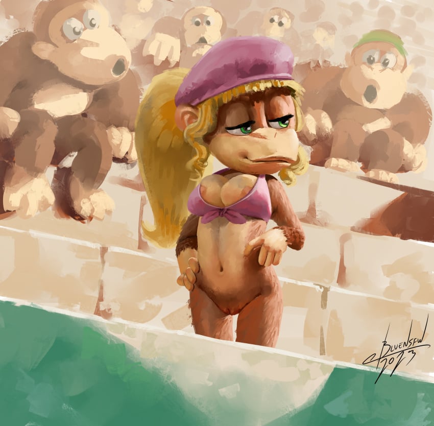 2020s 2023 3_toes 4_fingers absurd_res anthro ape areola areola_slip big_breasts blonde_hair blulesnsfw bottomless breasts brown_body brown_fur chimpanzee cleavage clothed clothing digital_media_(artwork) dixie_kong donkey_kong_(series) eyelashes feet female fingers fur genitals gorilla green_eyes group hair half-closed_eyes haplorhine hat headgear headwear hi_res kong long_hair male mammal monkey narrowed_eyes navel nintendo nude open_mouth pan_(genus) pink_clothing pink_hat pink_headwear pink_topwear pog poggers ponytail primate pussy rareware seductive smile tan_body tan_fur toes topwear wide_eyed