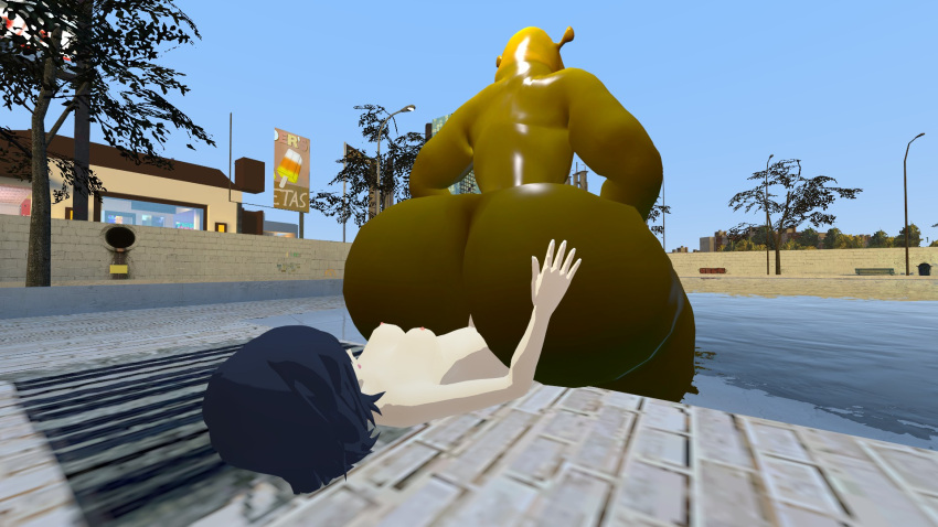 1boy 1futa 3d behind_view big_ass cowgirl_position futa_on_male futanari futanari_penetrating garry's_mod green_body hands_on_ass huge_ass kill_la_kill light-skinned_futanari male_penetrated matoi_ryuuko pool reverse_cowgirl_position shrek shrek_(series) thick_ass thick_thighs water