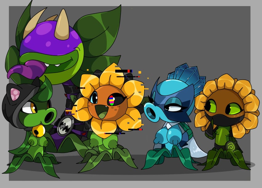 chomper_(pvz) edit female glitching medium_breasts multiple_girls nude peashooter_(pvz) plant plants_vs_zombies small_breasts solar_flare_(pvz) sunflower_(pvz)