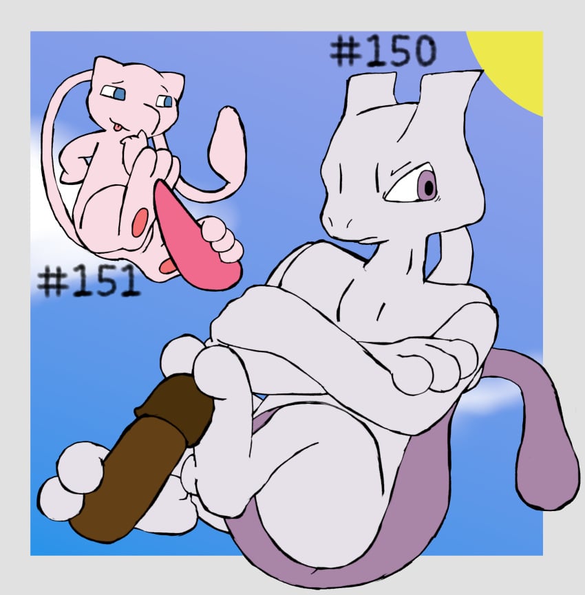 2_toes 3_toes ambiguous_gender anthro blue_eyes erection feet feral_only foot_fetish foot_play footjob generation_1_pokemon genitals hashtag hi_res id_number legendary_pokemon male mew_(pokemon) mewtwo nintendo number pawpads paws penis pokemon pokemon_(species) secretsableye sex smile text toes tongue tongue_out