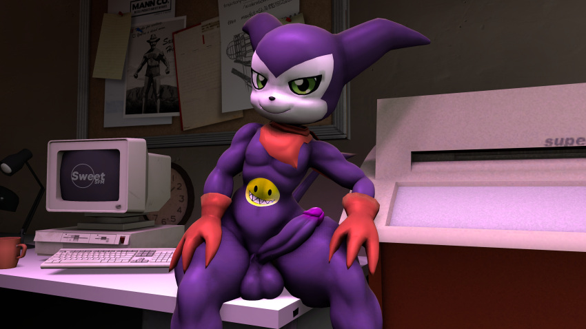 absurd_res anthro ass balls bandai_namco big_balls big_butt big_penis clothing digimon digimon_(species) erection genitals gloves handwear hi_res impmon latex_gloves leaning_on_object looking_at_viewer male male_only penis purple_body scarf sitting sitting_on_desk smile smiling_at_viewer smirk smirking_at_viewer smug solo solo_focus sweetsourcefm thick_thighs wide_hips