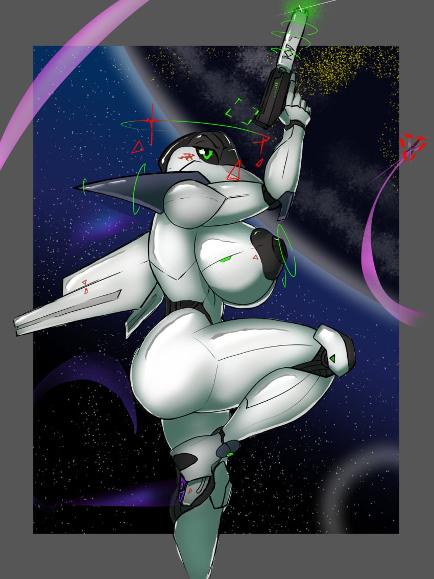 aeromorph aircraft big_breasts firearm green_eyes gun holding_object living_aircraft living_machine pinup space taharon thick_thighs wings