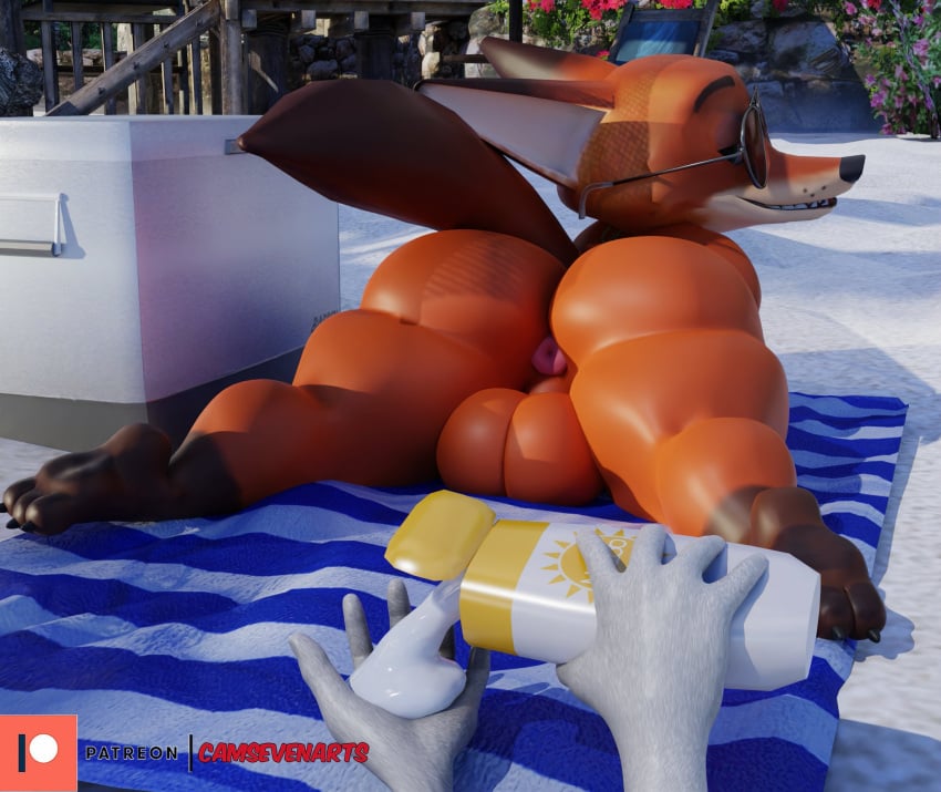 anthro ass ass_up balls beach beach_blanket big_balls big_butt camseven canid canine curvy_figure curvy_male disney duo eyewear faceless_character faceless_male first_person_view fluffy fluffy_tail fox fur genitals hi_res huge_balls huge_butt huge_thighs looking_at_viewer looking_back looking_pleasured male male/male mammal multicolored_body multicolored_fur nick_wilde nude on_bottom on_ground orange_body orange_fur pinup pose presenting presenting_hindquarters raised_tail red_body red_fox red_fur seaside showing_rear spread_legs spreading sun_cream sunglasses tail thick_thighs two_tone_body two_tone_fur wide_hips zootopia