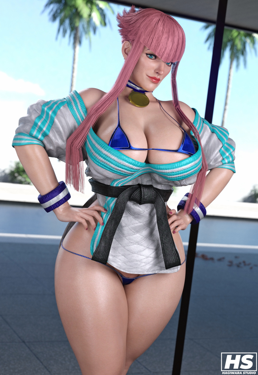 1girls 3d ass big_ass big_breasts bikini blue_eyes breasts capcom female female_only french french_female hagiwara_studio highres manon_legrand obi pink_hair short_hair_with_long_locks sidelocks solo street_fighter street_fighter_6 thick_thighs wristband