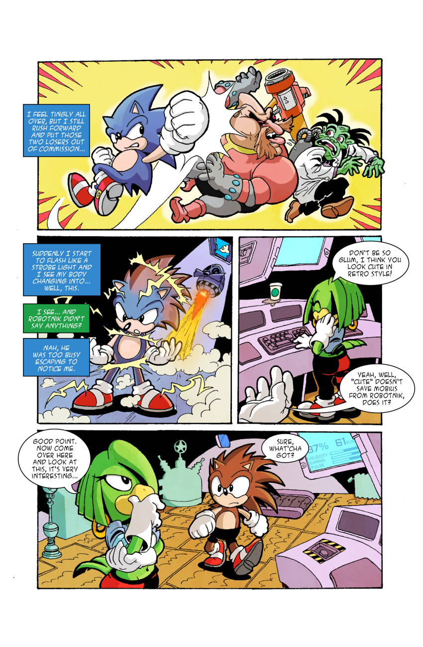 angry_face belly_button blue_fur brown_fur canary comic comic_page curious curvy_female exposed_torso fleetway_comics footwear giggles green_body handwear medium_ass medium_thighs quickie_resolver robotnik sonic_(series) sonic_the_hedgehog surprised tekno_the_canary