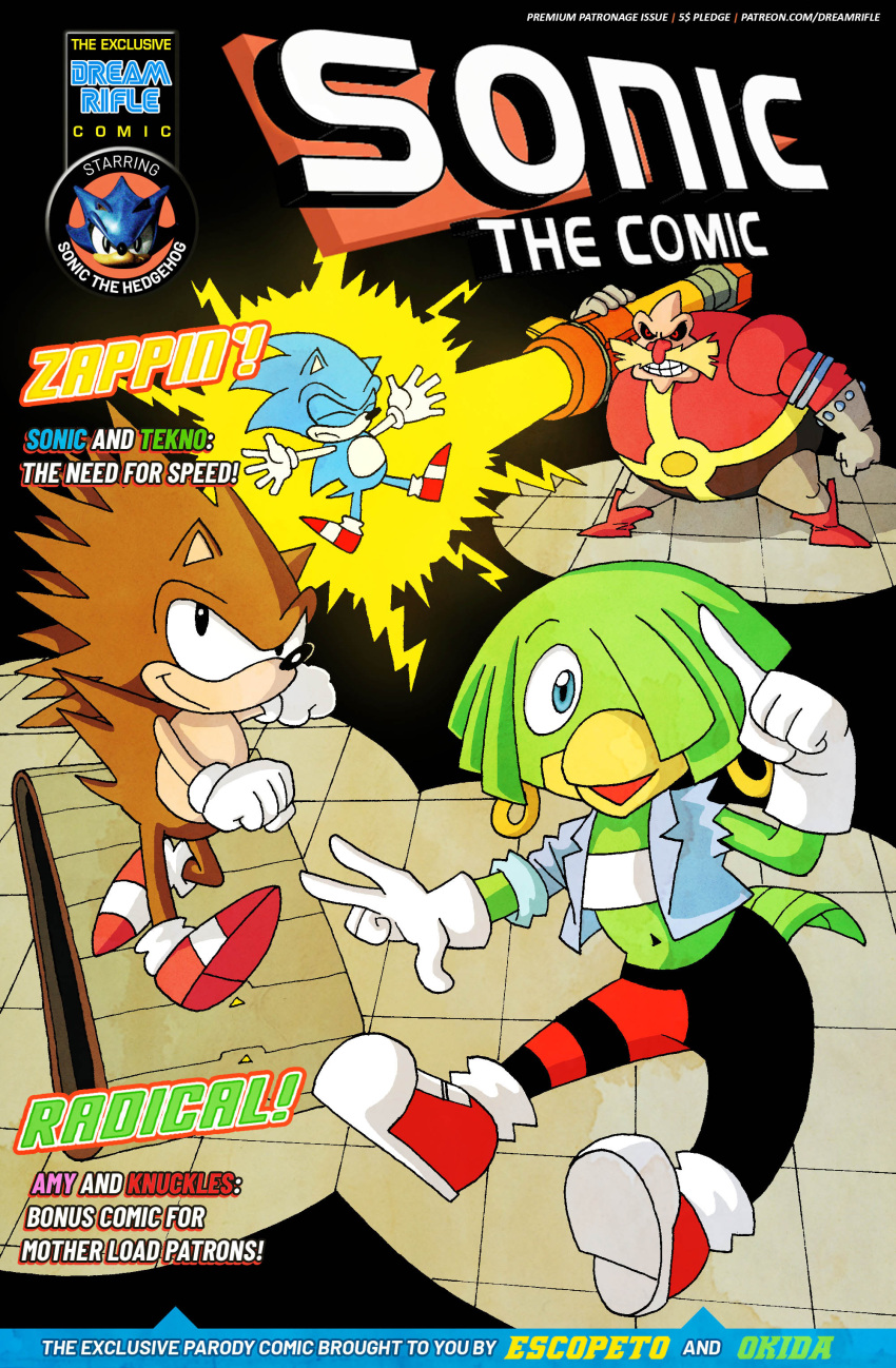 belly_button blue_eyes brown_body brown_fur canary comic comic_page cover_page curvy_female dreamrifle exposed_torso fleetway_comics footwear green_body handwear hedgehog quickie_resolver robotnik sonic_the_hedgehog tekno_the_canary