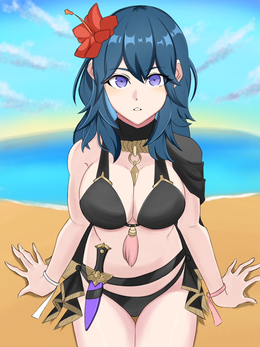 alternate_costume bikini black_bikini black_swimsuit breasts byleth_(fire_emblem) byleth_(fire_emblem)_(female) byleth_(summer)_(fire_emblem)_(female) female female_only fire_emblem fire_emblem:_three_houses fire_emblem_heroes looking_at_viewer nintendo official_alternate_costume ondur solo swimsuit