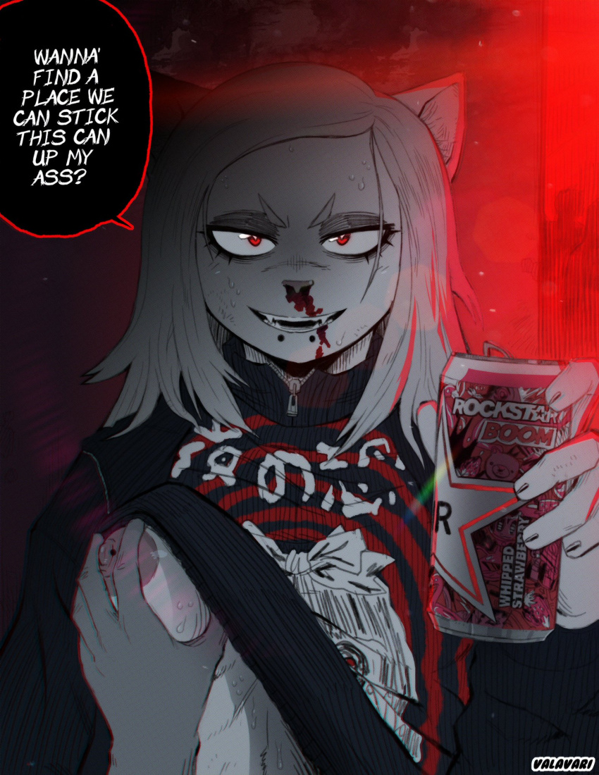 anthro artist_signature blood breasts dialogue faceless_male goth nipple_piercing nosebleed pov shirt_lift speech_bubble valavari valyrie_alvarose valyrie_alvarose_(valavari)