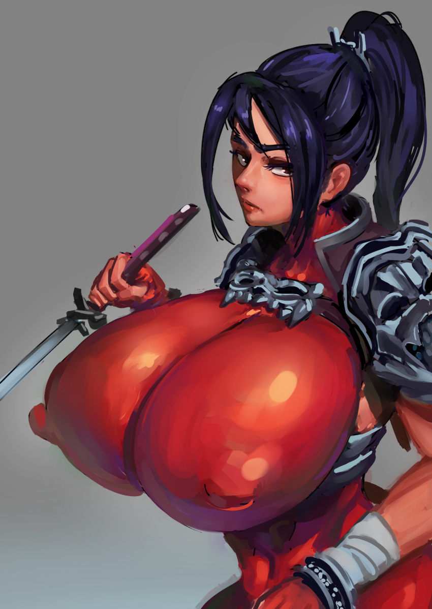 arm_wrap armor bathsalts1 black_hair bodysuit breasts covered_erect_nipples covered_navel female grey_background highres holding holding_weapon huge_breasts katana looking_to_the_side pauldrons ponytail red_lips shoulder_armor sketch solo soul_calibur sword taki upper_body wakizashi weapon