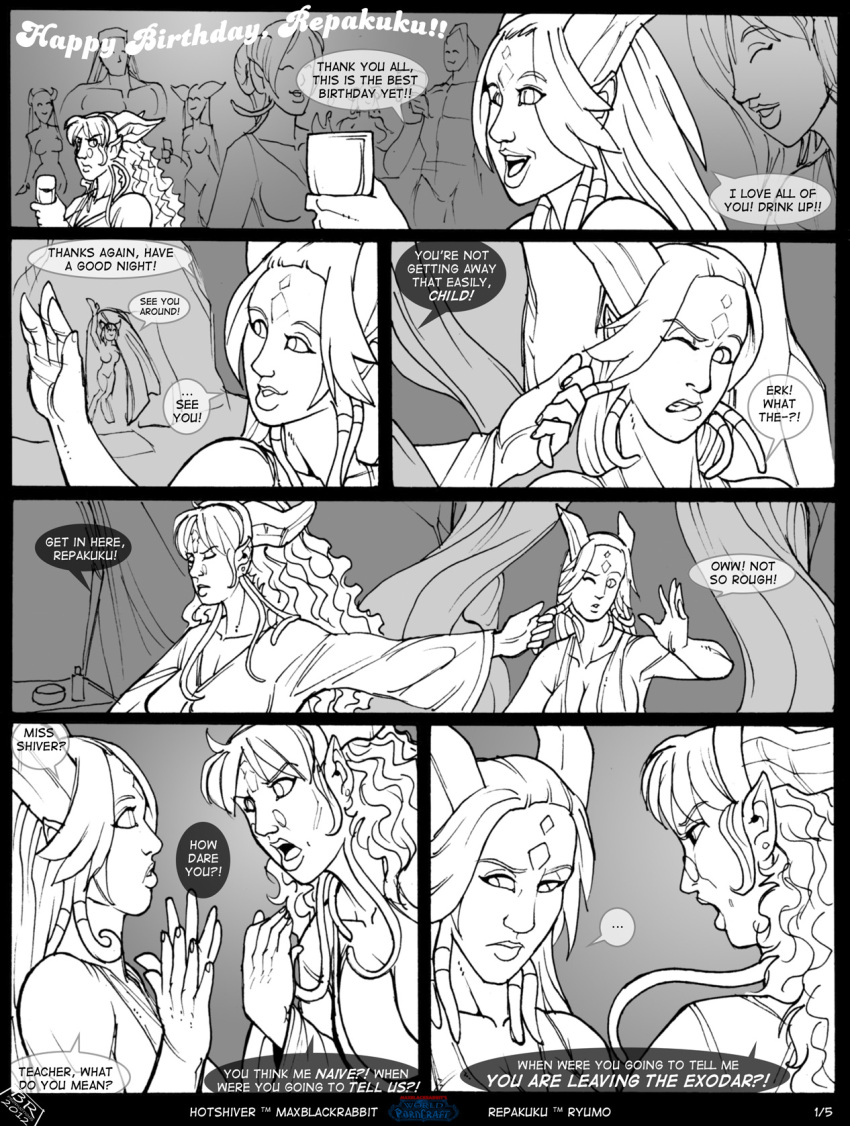 2012 2girls big_breasts blizzard_entertainment comic comic_page dialogue draenei english_text glasses hotshiver line_art max_blackrabbit original_character page_1 repakuku warcraft world_of_warcraft