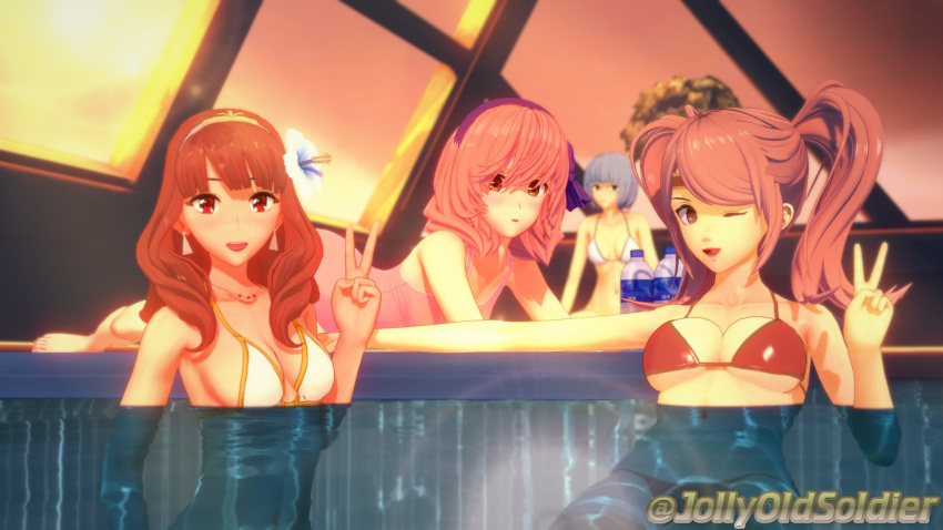 3d 4girls barefoot bikini blue_hair breasts celica_(fire_emblem) cleavage female female_focus female_only fire_emblem fire_emblem_echoes:_shadows_of_valentia genny_(fire_emblem) jollyoldsoldier long_hair mae_(fire_emblem) medium_hair multiple_girls navel one-piece_swimsuit partially_submerged pink_hair pink_one-piece_swimsuit pink_swimsuit pool red_bikini red_hair red_swimsuit short_hair silque_(fire_emblem) swimsuit twintails underboob v water water_bottle white_bikini white_swimsuit