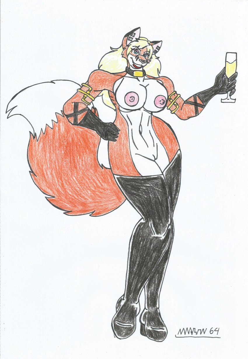 anthro big_breasts big_hips blonde_hair champagne champagne_(jeremy_bernal) drink earrings female fox_humanoid furry gloves hi_res high_heel_boots jewelry marlon64 naked nude_female sexyfur