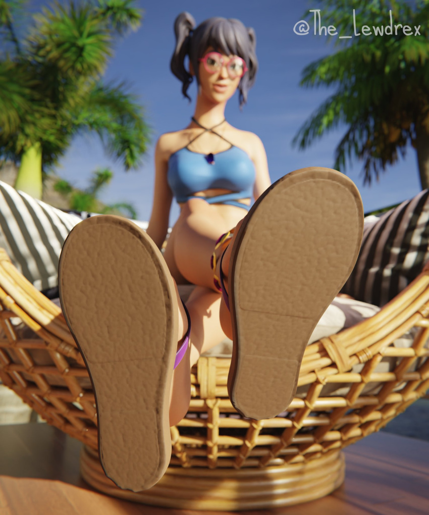 1girls 3d alternate_version_available blender blurry blurry_background clothed clothing crystal_(fortnite) dark_blue_hair detailed_background epic_games eye_contact female female_focus female_only foot_focus fortnite glasses highres lewdrex light-skinned_female light_skin looking_at_viewer looking_down outdoors palm_tree presenting sandals scuba_crystal_(fortnite) shadow sitting solo solo_focus sun sunlight tank_top trees twintails watermark whistle whistle_around_neck