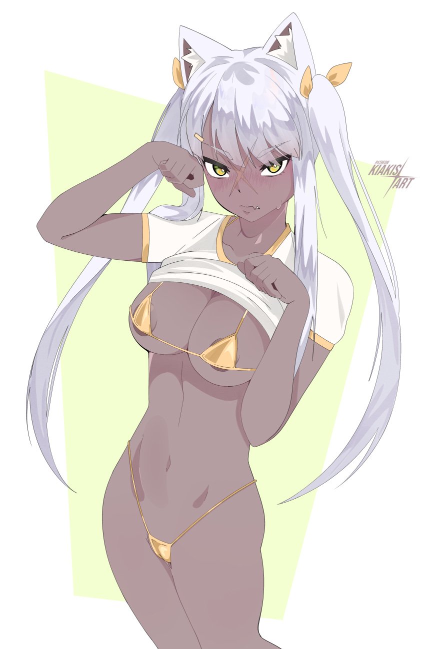 alternate_version_at_patreon alternate_version_available angry animal_ears areola_slip areolae areolae_visible_through_clothing bangs bangs_pinned_back big_breasts buruma cat_ears catgirl dark-skinned_female dark_nipples dark_skin exhibitionism exposed_breasts eyebrows_visible_through_hair golden_bikini green_eyes hair_ribbon hairclip heavy_blush implied_exhibitionism kiakisart long_hair looking_at_viewer micro_bikini nipple_slip nipples_visible_through_clothing no_pubic_hair shirt shirt_lift shirt_up signature simple_background string_bikini twintails white_hair