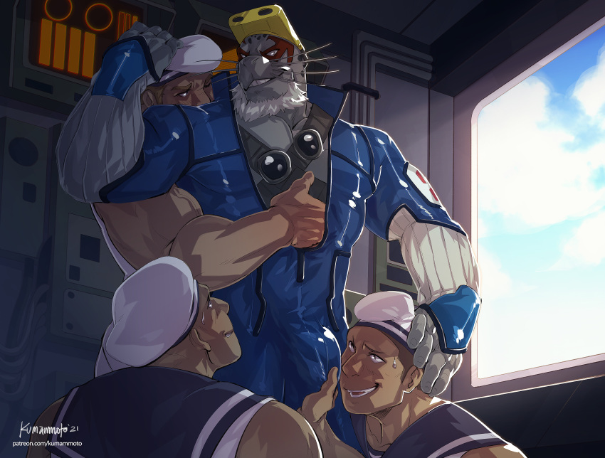 anthro bara barazoku beard biceps blush body_worship boner bulge clothing erection_under_clothes eye_markings facial_hair flexing furry gay grey_body hairy hi_res highres huge_bulge human_on_anthro interspecies kumammoto_(artist) male male_focus male_only marine multiple_boys muscles muscular muscular_male my_hero_academia oki_mariner_crew seal selkie_(my_hero_academia) solo solo_male spotted_seal touching_bulge whiskers white_hair