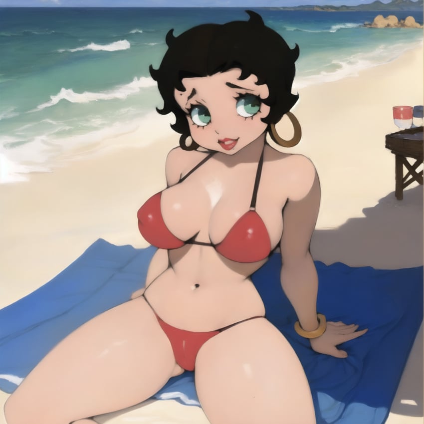 ai_generated beach betty_boop bikini black_hair cleavage curvy nipple_bulge on_towel thighs