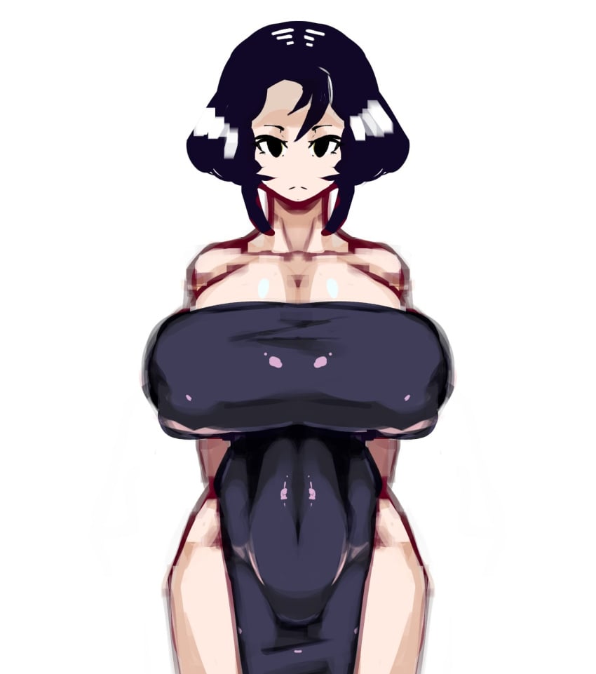 big_breasts black_hair child_bearing_hips dress hands_behind_back huge_breasts looking_at_viewer nipples_visible_through_clothing non_navi pale_skin shiny_clothes tagme thick_thighs tight_clothing