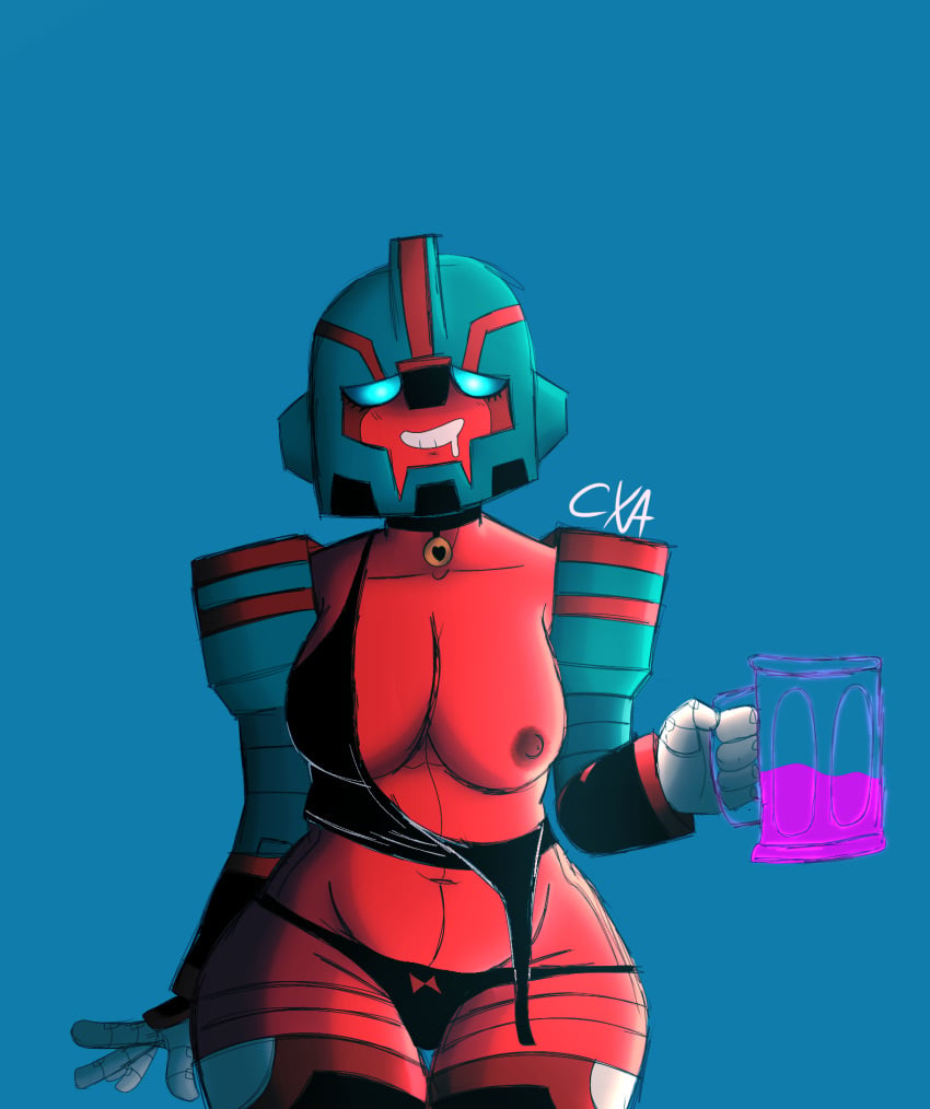 alcohol alcoholic_drink choker chromexorannex chubby chubby_female cleavage cybertronian drool drool_on_face drooling drunk energon exposed exposed_breasts exposed_nipples happy happy_female high_times loose_panties oc original_character ourobouro panties smiling_at_viewer thick_thighs thighhighs thighs transformers tummy wardrobe_malfunction