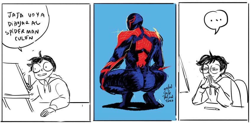 2023 ass ass_focus belengolybelen blue_background broly_culo butt butt_focus comic crouching dialogue irish irish_male male male_only marvel mask masked masked_male meme mexican mexican_irish mexican_male miguel_o'hara parody simple_background spanish_text spider-man:_across_the_spider-verse spider-man_(series) spider-man_2099 spread_legs spreading superhero superhero_costume text white_background