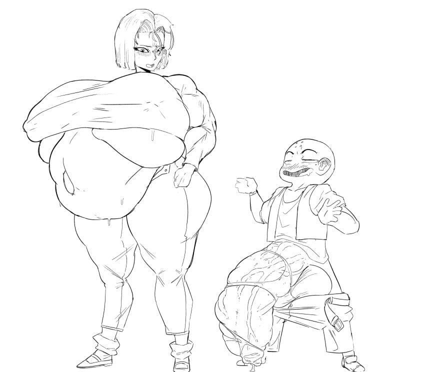 alternate_version_available android_18 bigger_female breast_expansion dragon_ball implied_sex inflation krillin kuririn lactation monochrome muscles non_navi penis_growth pregnant smaller_male tagme