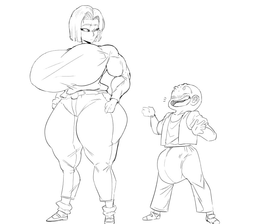 alternate_version_available android_18 bigger_female breast_expansion dragon_ball implied_sex inflation krillin kuririn lactation monochrome muscles non_navi penis_growth pregnant smaller_male tagme