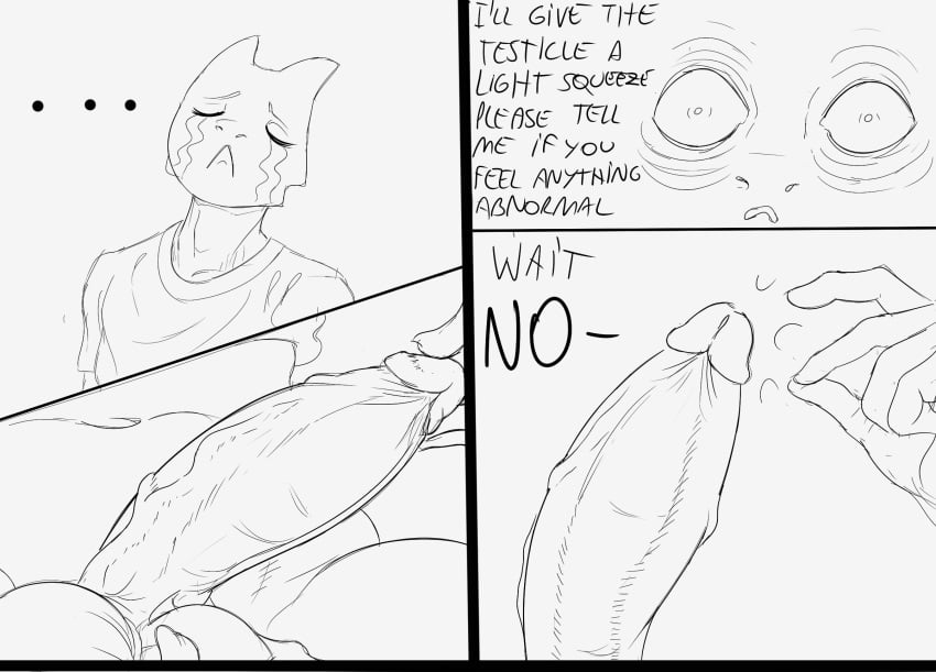 anthro bottomless clothed clothing dialogue dreamy_pride ellipsis english_text genitals hi_res kobold male monochrome penis severa_tettona_(dreamy_pride) text vein veiny_penis