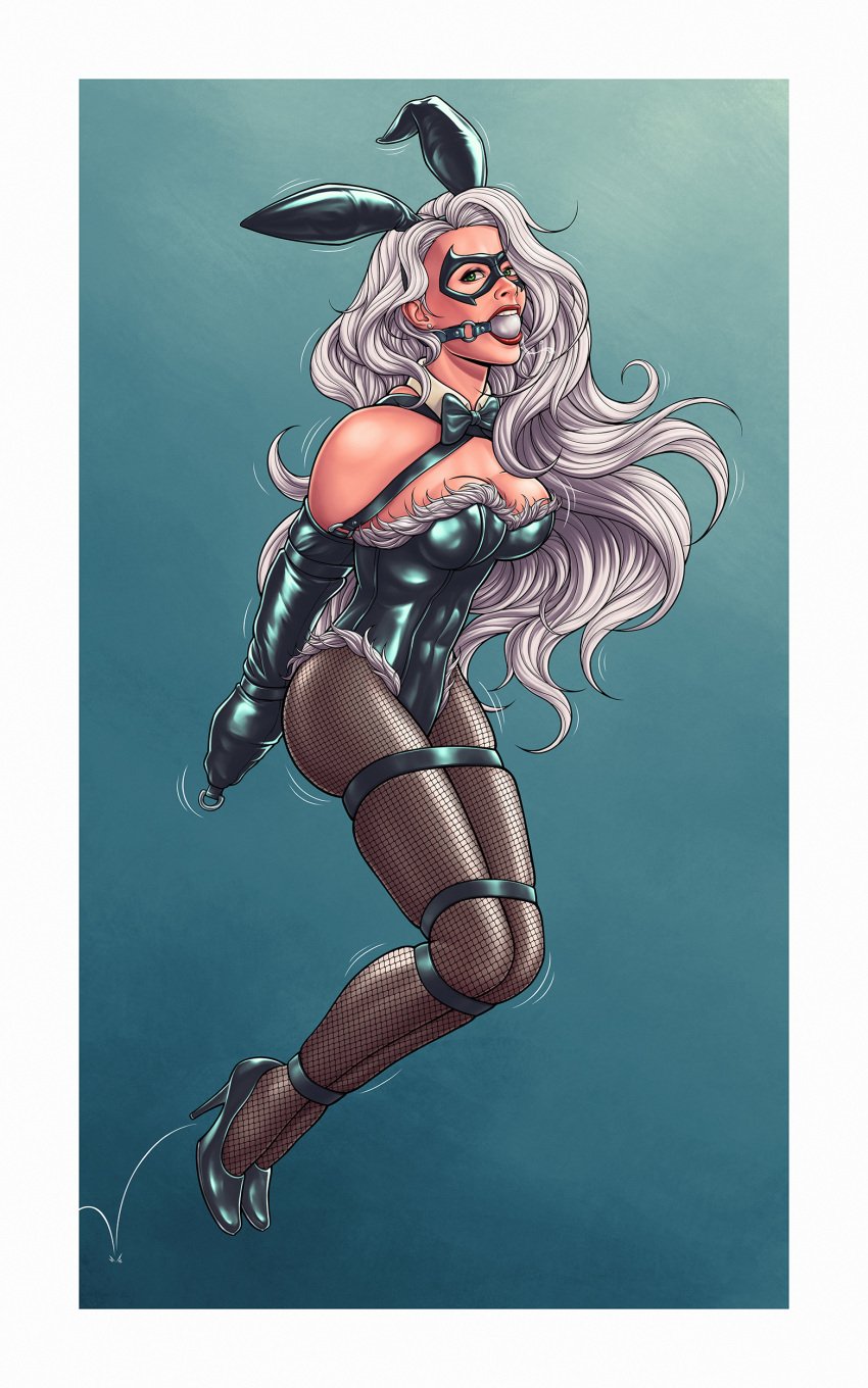 1girls ball_gag black_cat_(marvel) bondage bound bunny_ears bunny_girl bunnysuit cleavage felicia_hardy female female_only femsub fishnets fully_clothed gag gagged high_heels marvel marvel_comics perilchaser playboy_bunny restrained revealing_clothes shiny_clothes solo spider-man_(series) tight_clothing