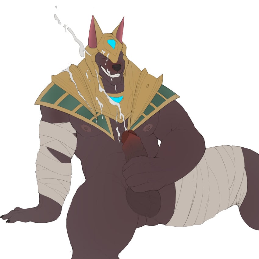 anthro balls blush closed_eyes cum_on_body cum_on_face cumshot erection furry islate_(artist) league_of_legends male male_only masturbation muscular nasus nipples orgasm penis solo