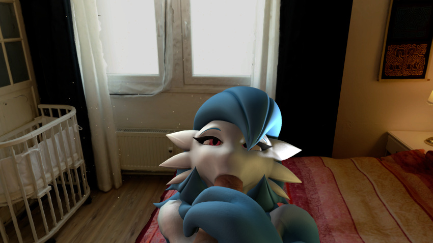 1girls 3d 3d_(artwork) bed bedroom bedroom_eyes blowjob blue_hair breasts female female_focus gardevoir hair_over_one_eye half-closed_eyes long_hair nintendo penis penis_grab pink_eyes pokemon pokemon_(species) pov self_upload shiny_gardevoir shiny_pokemon sitting_on_bed source_filmmaker white_skin