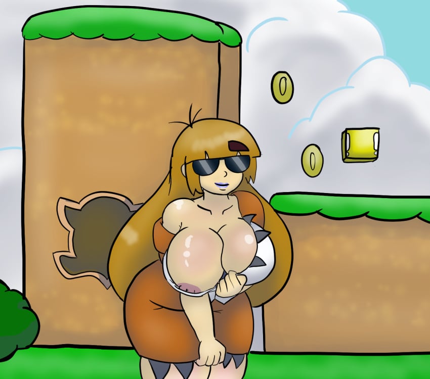 big_breasts blonde_hair gijinka humanized mario_(series) mega_mole monty_mole rule_63 showing_breasts showing_tits sunglasses super_mario_world tinted_eyewear zerotaichi